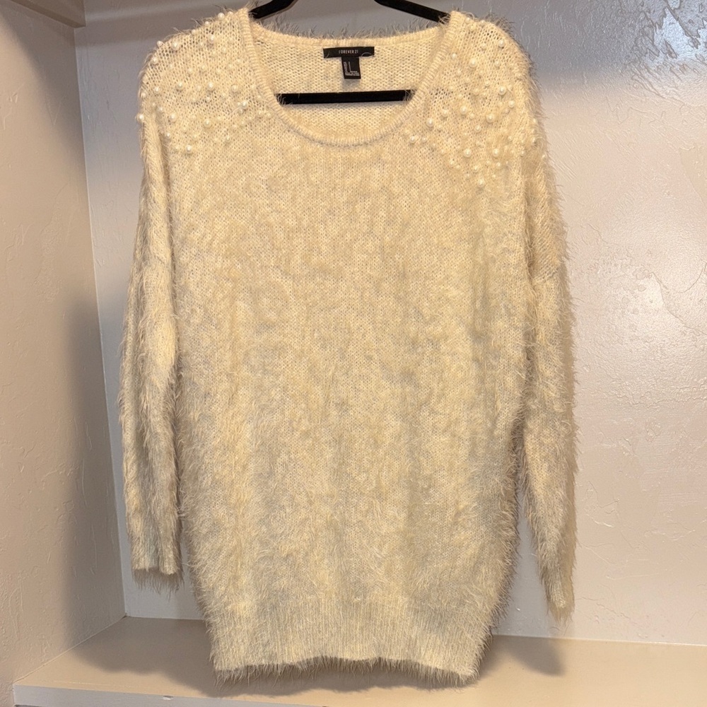 Forever 21 Cream Fuzzy Sweater With Pearl Details